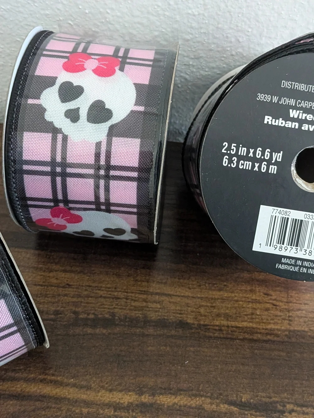 Set Of 3 Wired Ribbon Pink Black Skulls